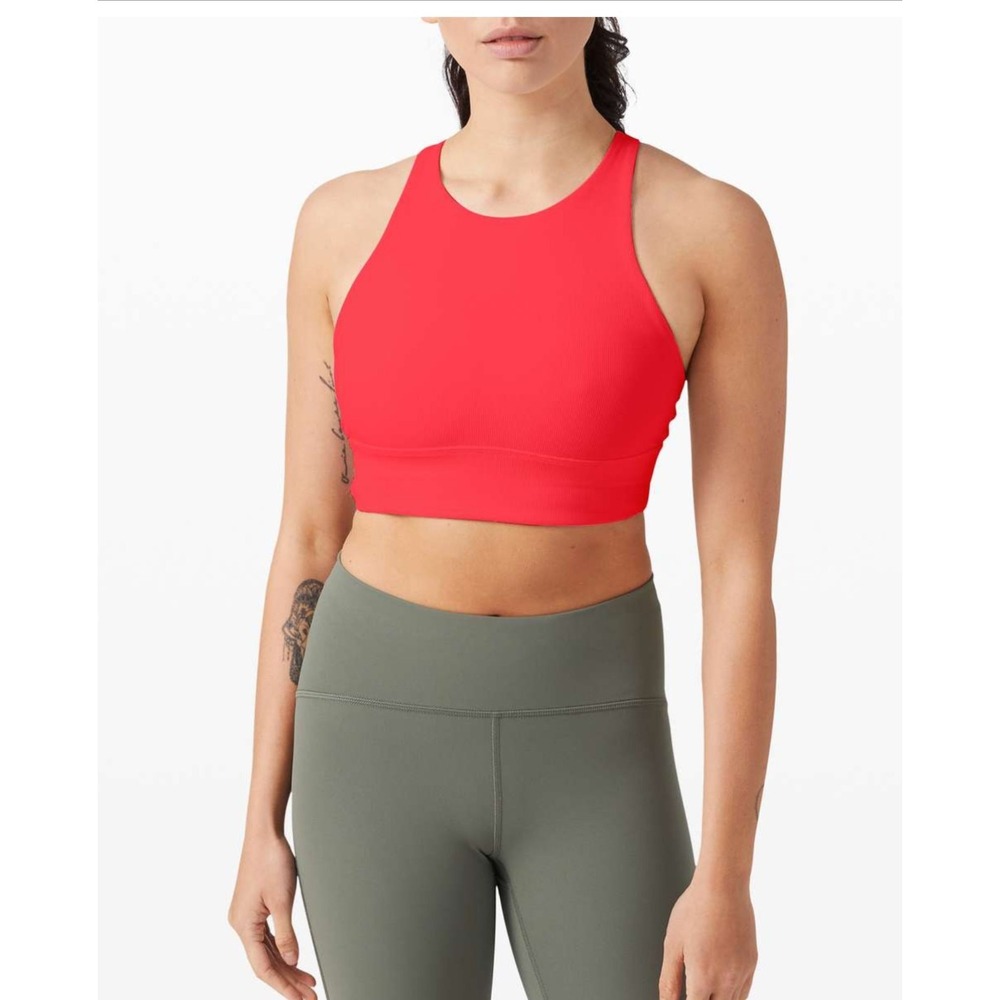 Lululemon Energy Bra High Neck Long Line Women 6 Red Ribbed Strappy Back Workout